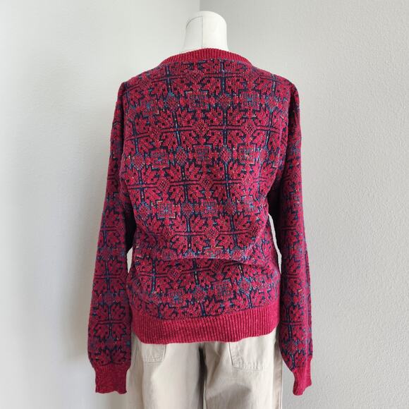 Vintage 80s Isle of Cotton Red Blue Geometric Knit Sweater Drop Shoulder L - Picture 7 of 9
